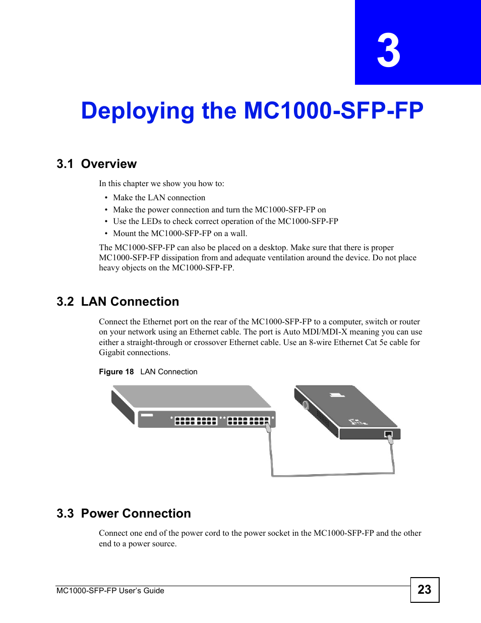 Deploying the mc1000-sfp-fp, 1 overview, 2 lan connection | 3 power connection, Chapter 3 deploying the mc1000-sfp-fp, 1 overview 3.2 lan connection 3.3 power connection, Figure 18 lan connection | ZyXEL Communications Ethernet-to-Fiber Media Converter MC1000-SFP-FP User Manual | Page 23 / 34