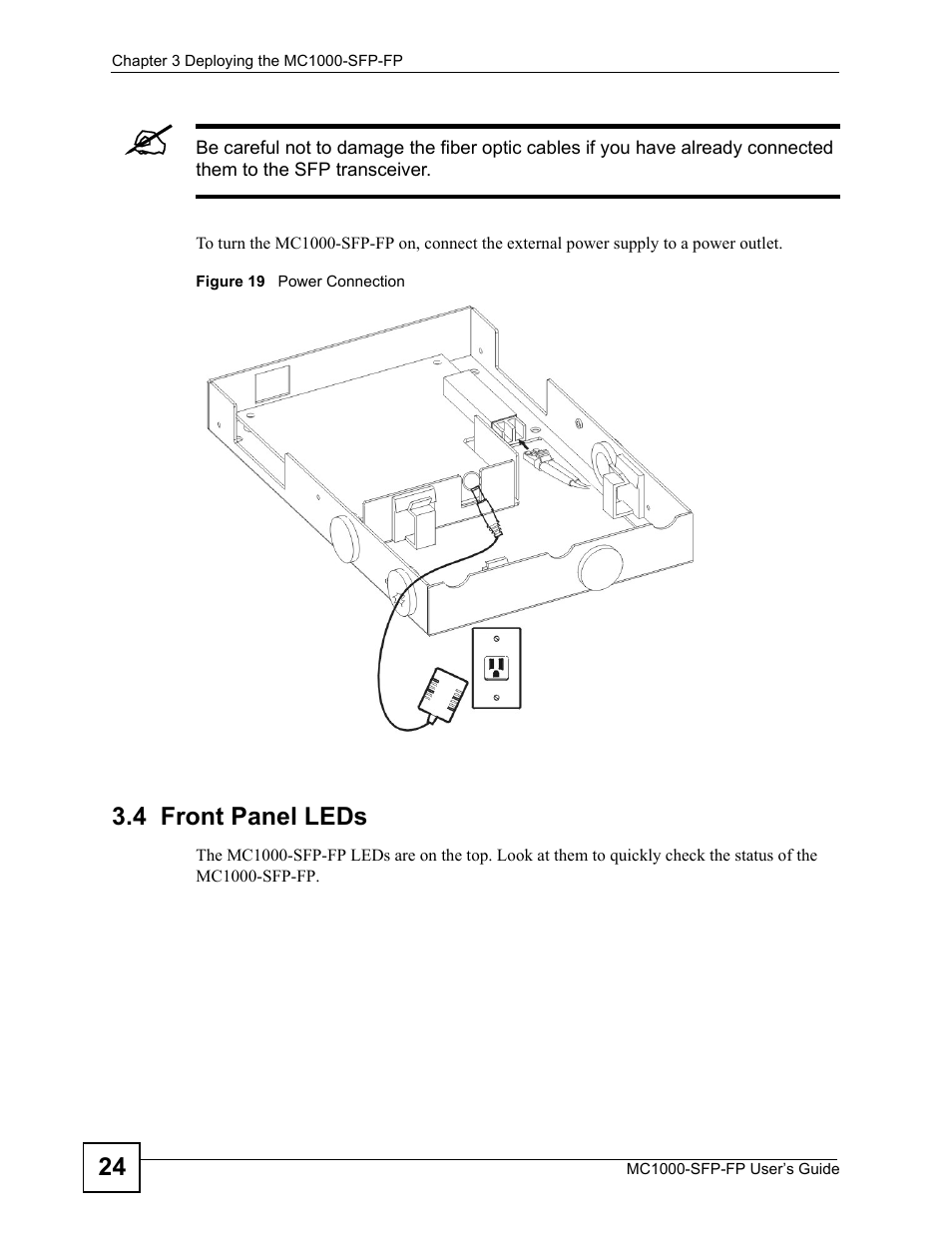 4 front panel leds, Figure 19 power connection | ZyXEL Communications Ethernet-to-Fiber Media Converter MC1000-SFP-FP User Manual | Page 24 / 34