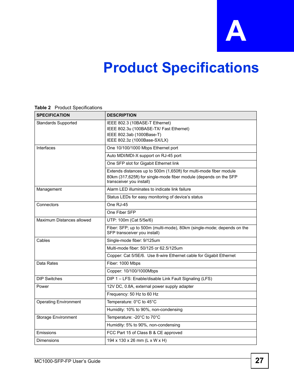 Product specifications, Appendix a product specifications | ZyXEL Communications Ethernet-to-Fiber Media Converter MC1000-SFP-FP User Manual | Page 27 / 34