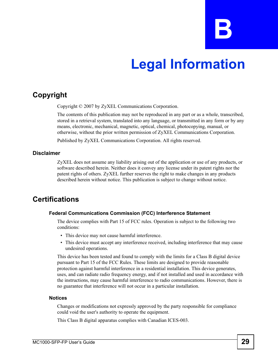 Legal information | ZyXEL Communications Ethernet-to-Fiber Media Converter MC1000-SFP-FP User Manual | Page 29 / 34