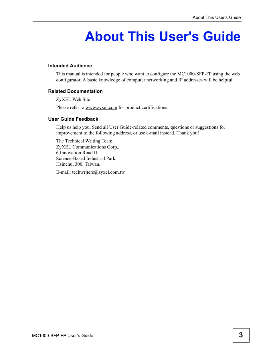 About this user's guide | ZyXEL Communications Ethernet-to-Fiber Media Converter MC1000-SFP-FP User Manual | Page 3 / 34
