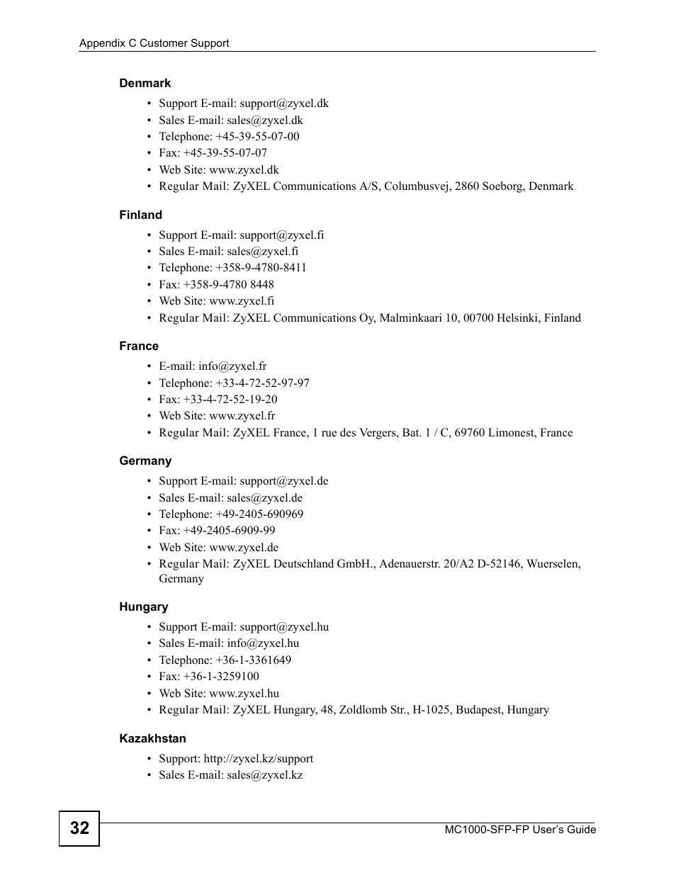 ZyXEL Communications Ethernet-to-Fiber Media Converter MC1000-SFP-FP User Manual | Page 32 / 34
