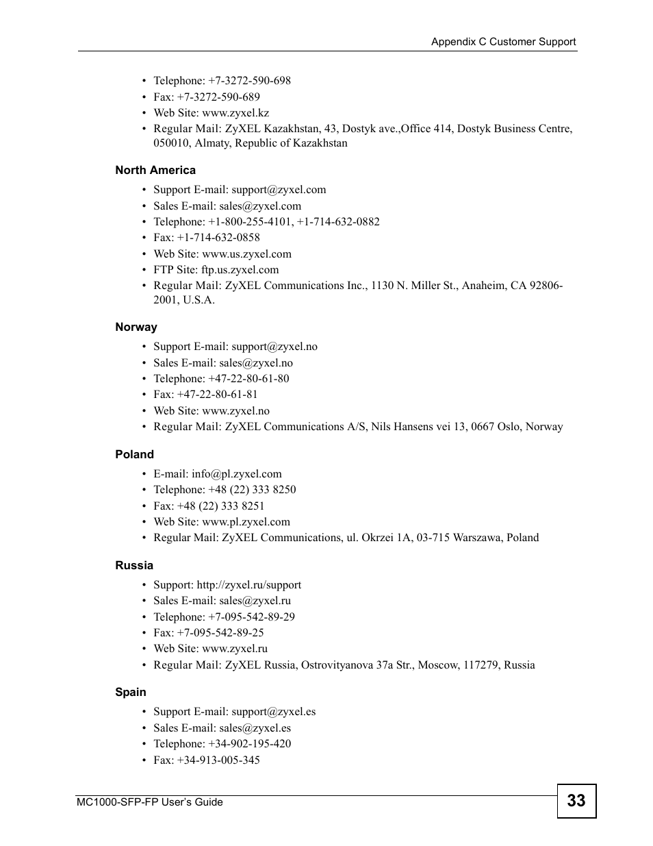ZyXEL Communications Ethernet-to-Fiber Media Converter MC1000-SFP-FP User Manual | Page 33 / 34