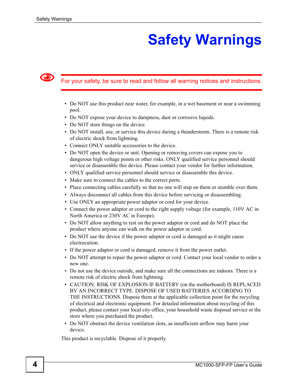 Safety warnings | ZyXEL Communications Ethernet-to-Fiber Media Converter MC1000-SFP-FP User Manual | Page 4 / 34