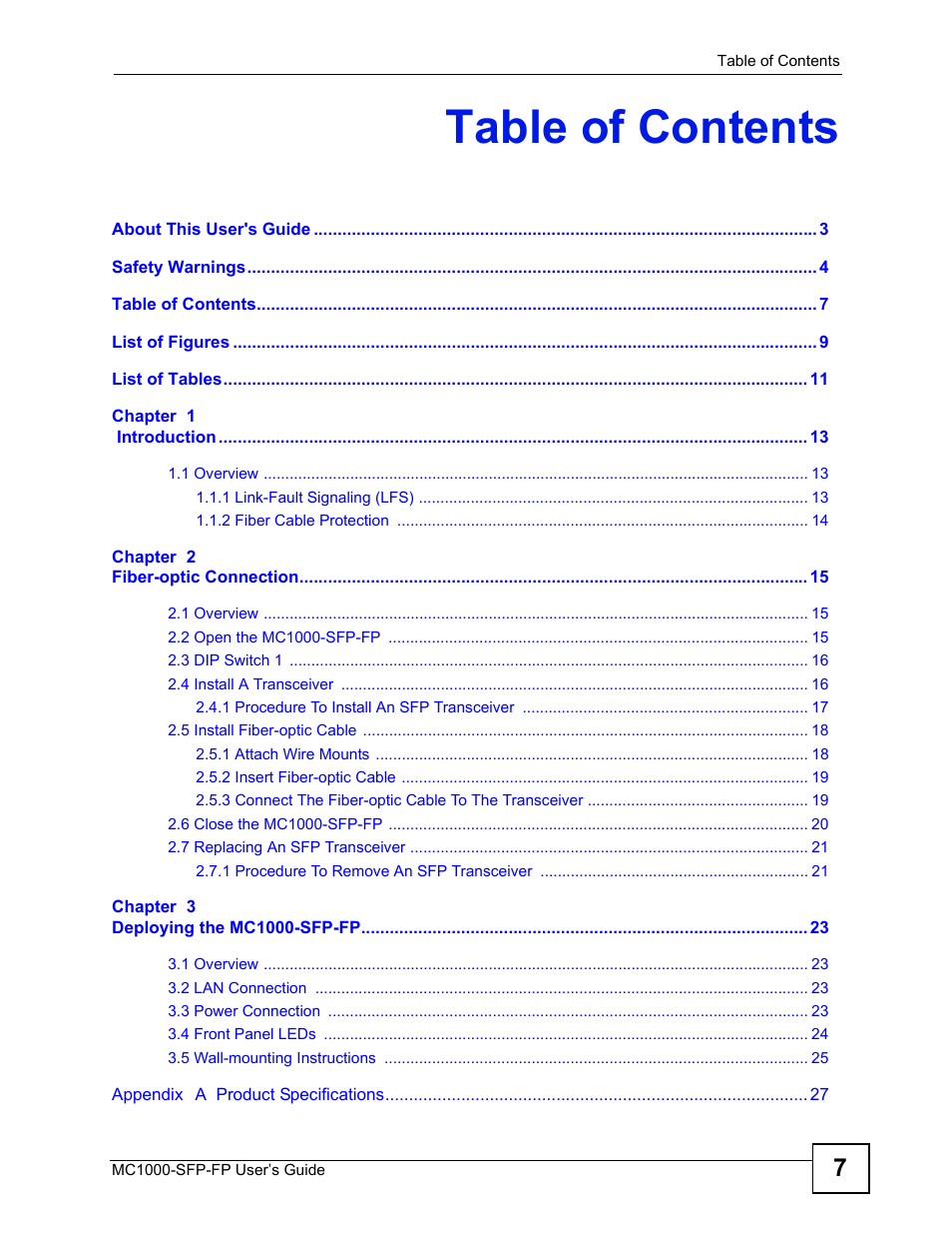 ZyXEL Communications Ethernet-to-Fiber Media Converter MC1000-SFP-FP User Manual | Page 7 / 34