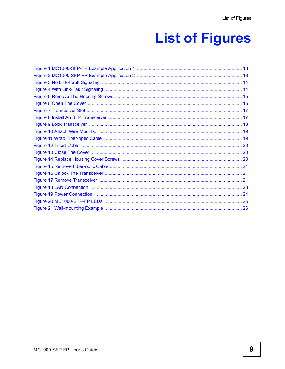 List of figures | ZyXEL Communications Ethernet-to-Fiber Media Converter MC1000-SFP-FP User Manual | Page 9 / 34