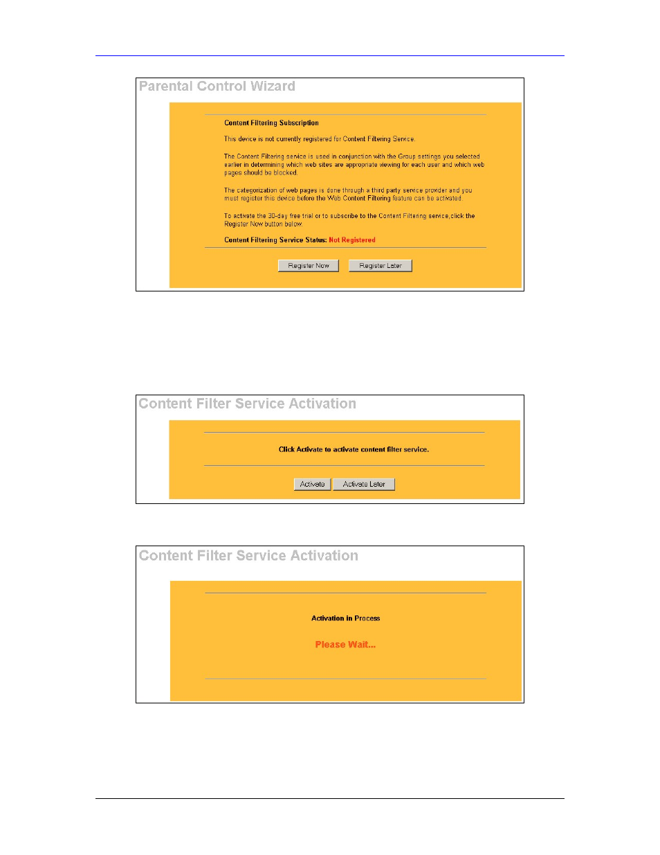 7 step 5 : content filter service activation | ZyXEL Communications Parental Control Gateway HS100/HS100W User Manual | Page 51 / 357