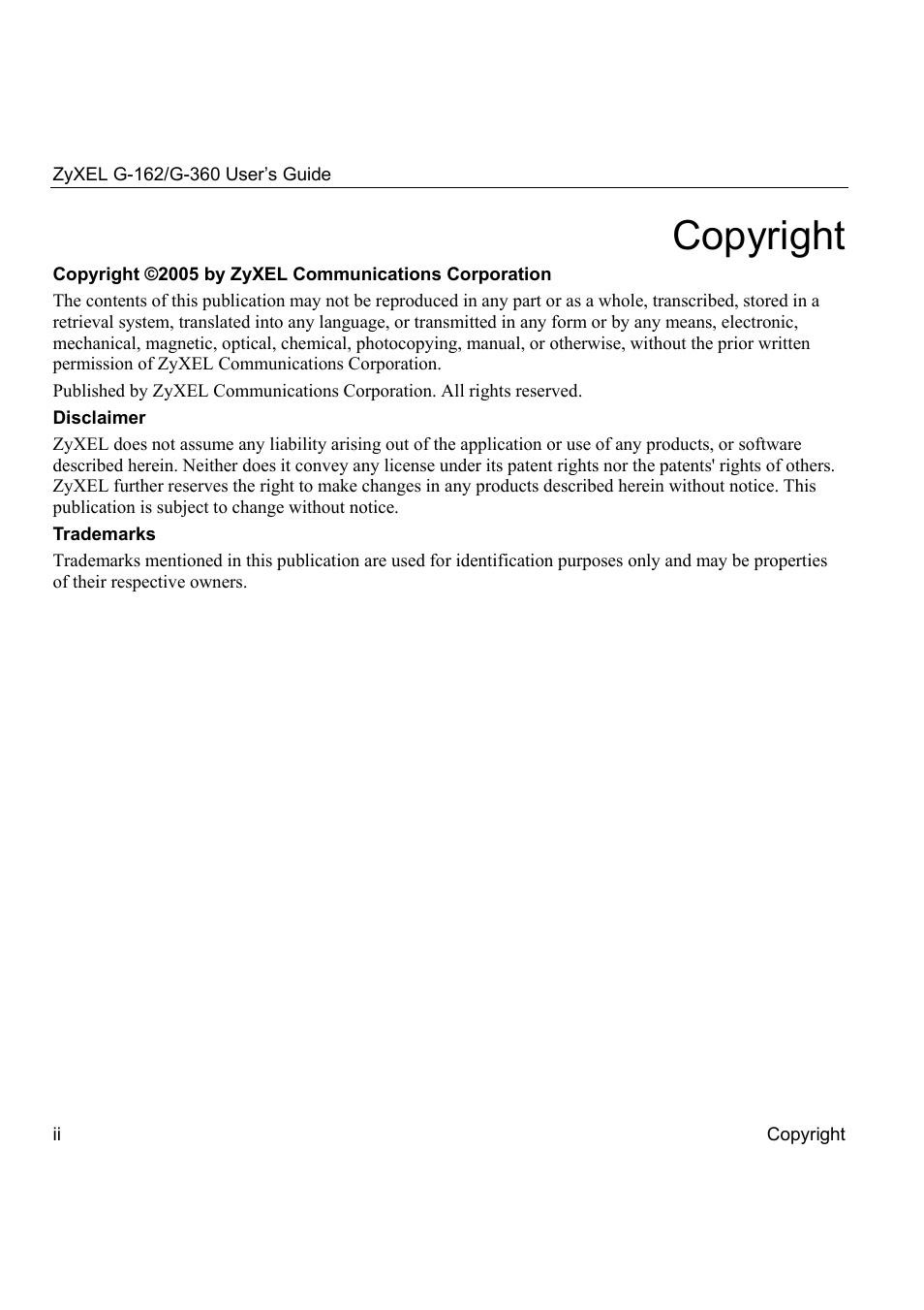 Copyright | ZyXEL Communications G-360 User Manual | Page 2 / 72