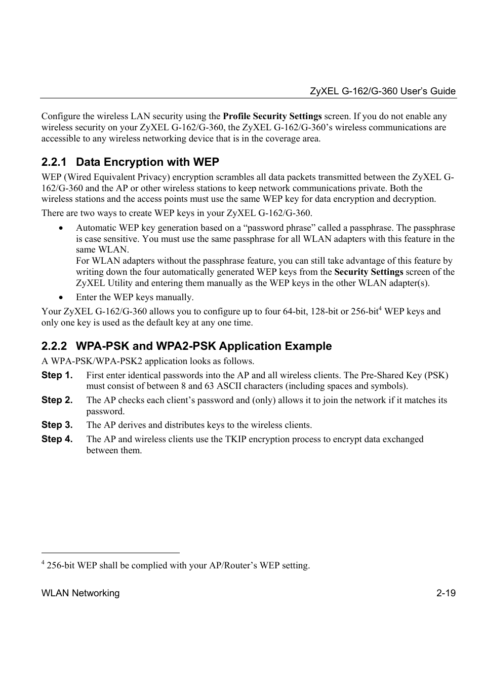 1 data encryption with wep, 2 wpa-psk and wpa2-psk application example | ZyXEL Communications G-360 User Manual | Page 29 / 72
