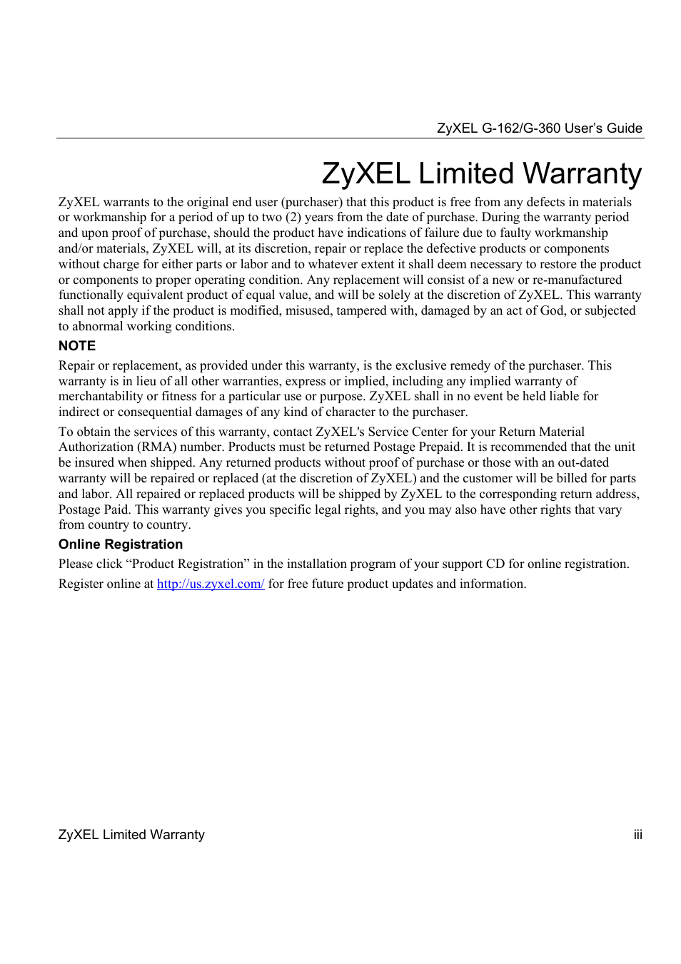 Zyxel limited warranty | ZyXEL Communications G-360 User Manual | Page 3 / 72