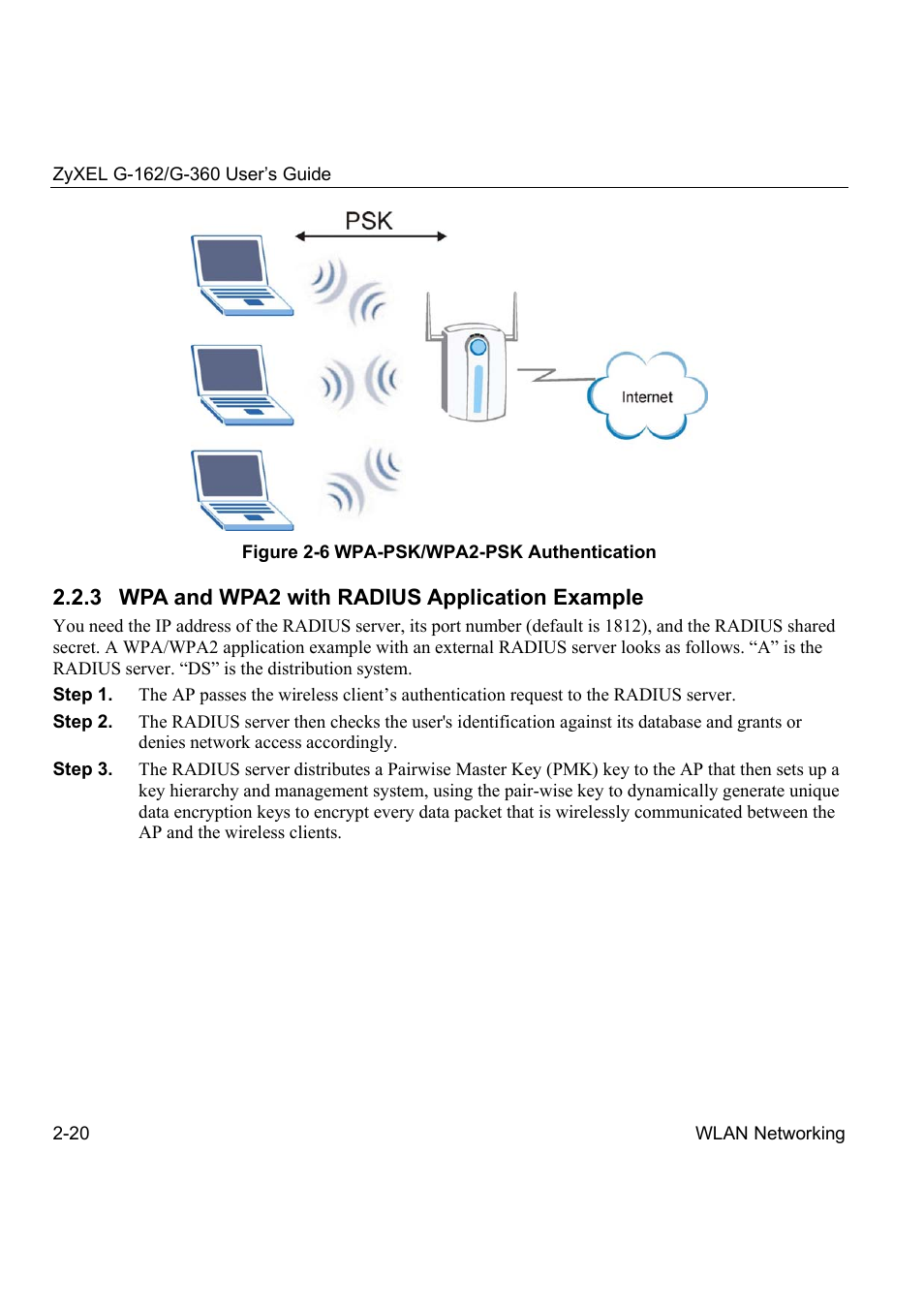 3 wpa and wpa2 with radius application example | ZyXEL Communications G-360 User Manual | Page 30 / 72