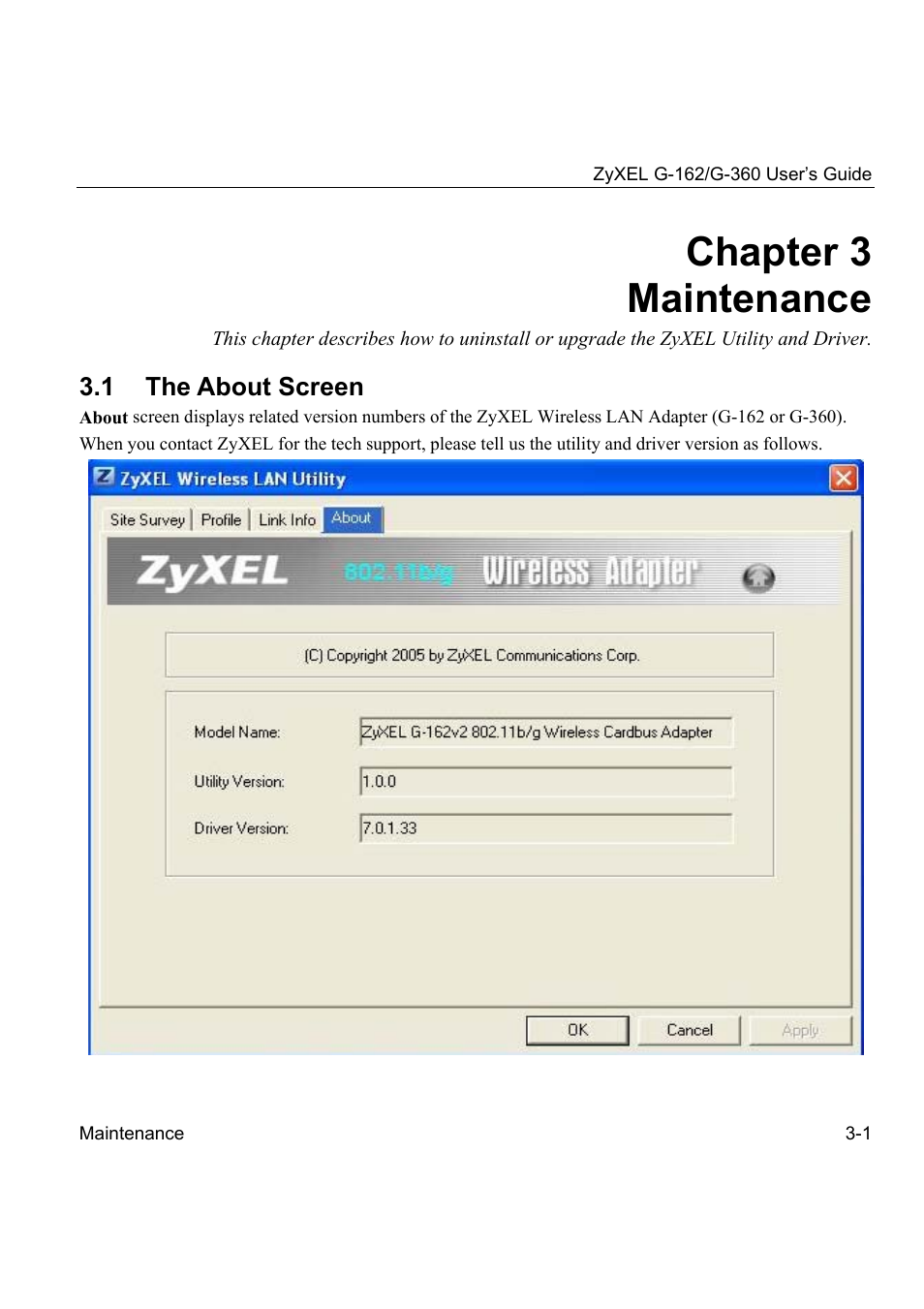 Chapter 3 maintenance | ZyXEL Communications G-360 User Manual | Page 35 / 72