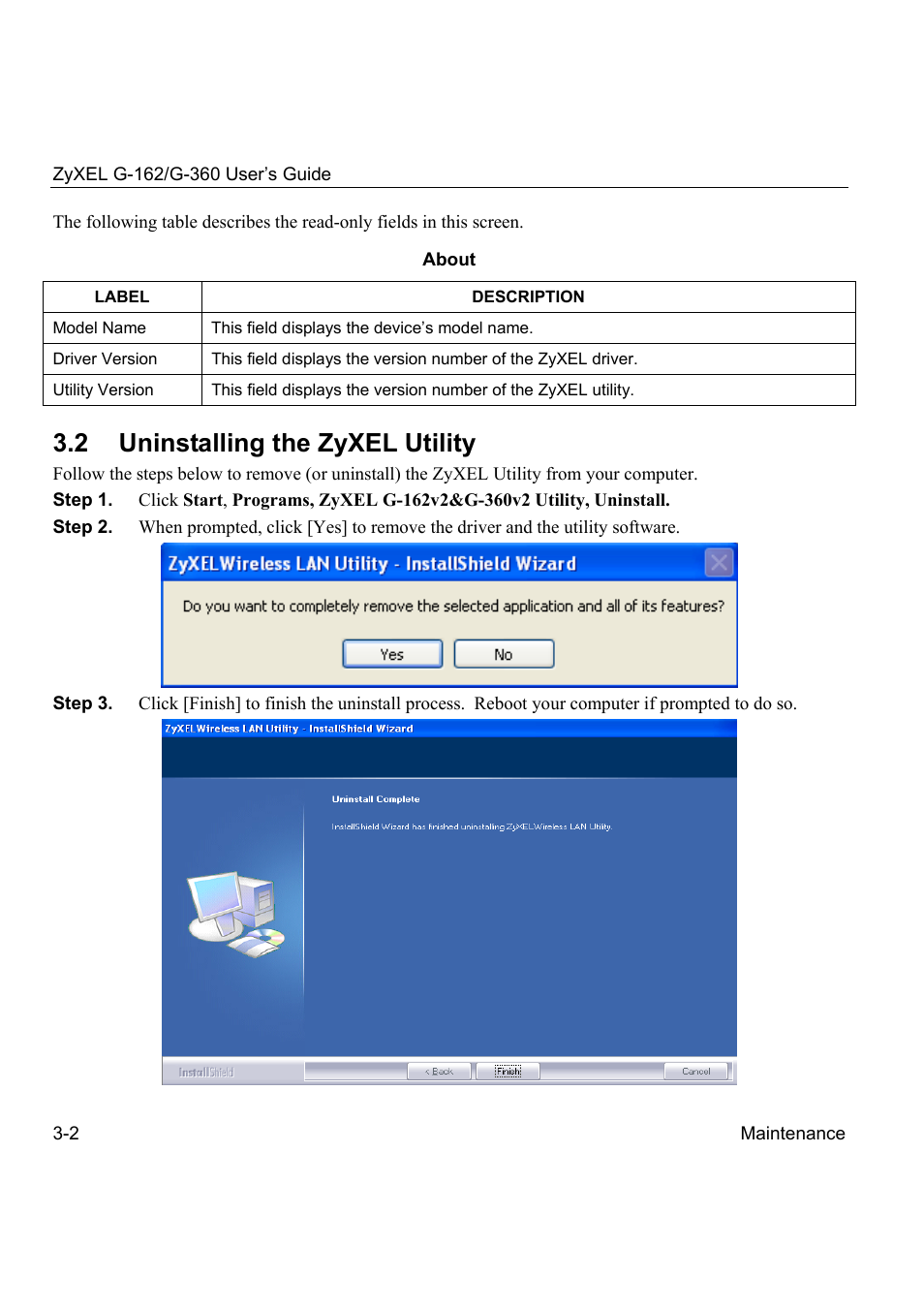2 uninstalling the zyxel utility | ZyXEL Communications G-360 User Manual | Page 36 / 72