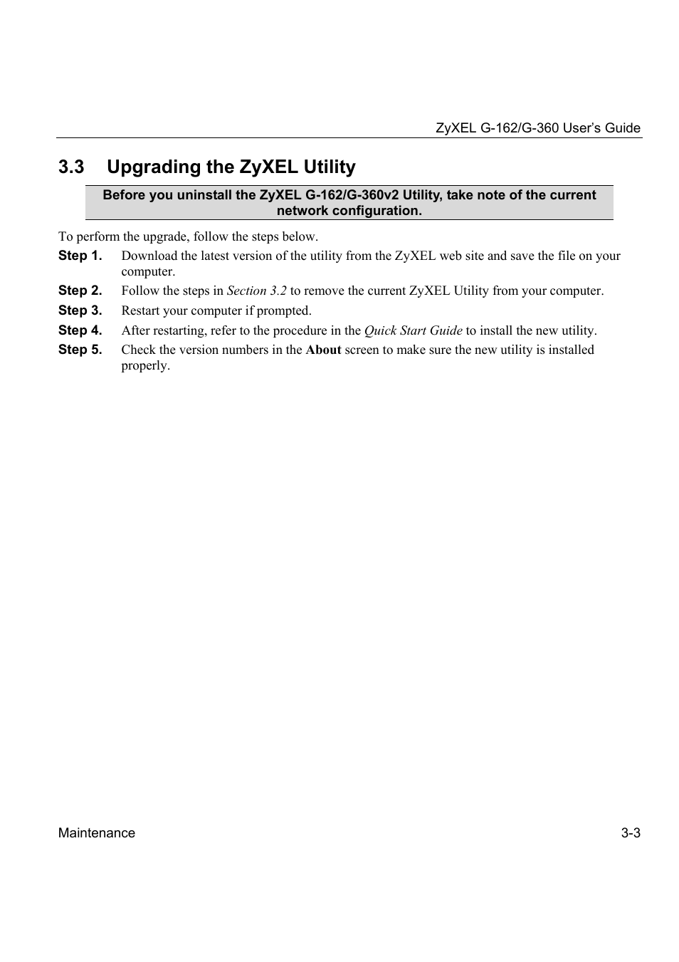 3 upgrading the zyxel utility | ZyXEL Communications G-360 User Manual | Page 37 / 72