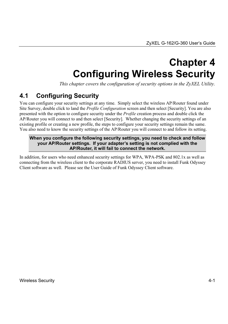 Chapter 4 configuring wireless security, 1 configuring security | ZyXEL Communications G-360 User Manual | Page 39 / 72