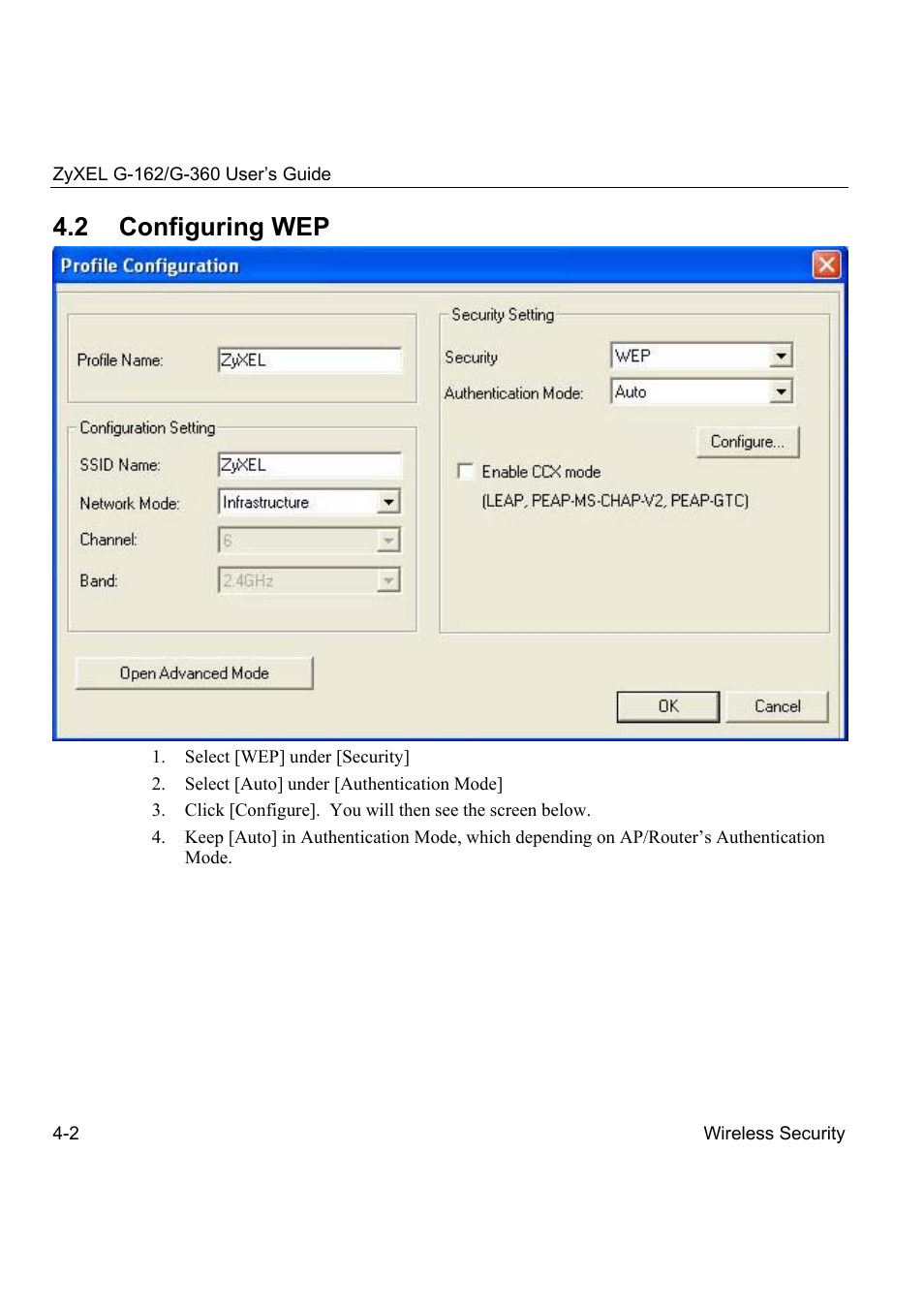 2 configuring wep | ZyXEL Communications G-360 User Manual | Page 40 / 72