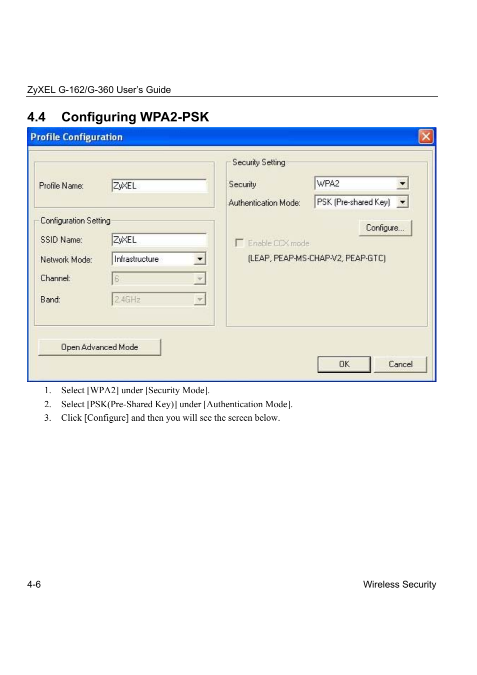 4 configuring wpa2-psk | ZyXEL Communications G-360 User Manual | Page 44 / 72