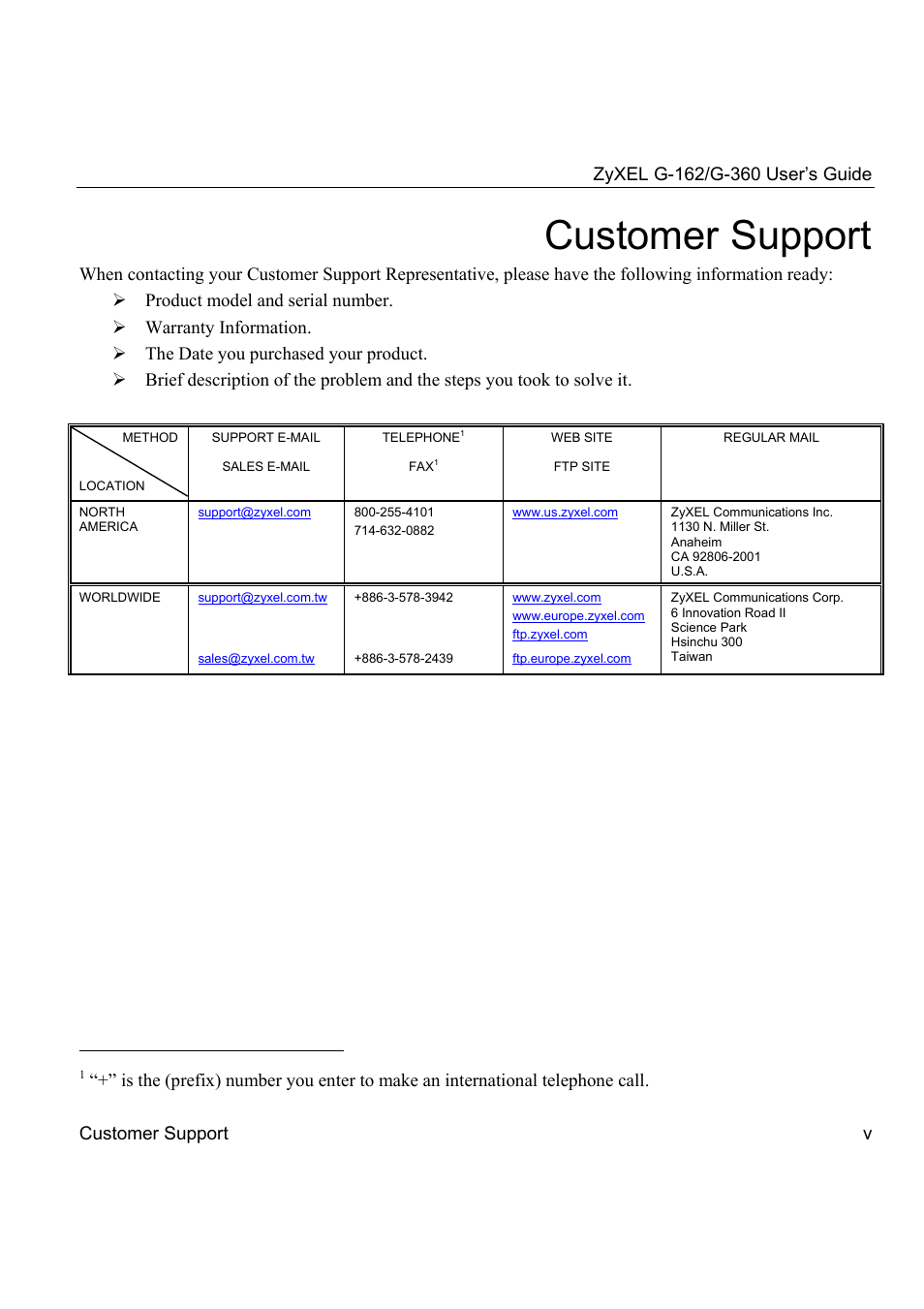 Customer support | ZyXEL Communications G-360 User Manual | Page 5 / 72
