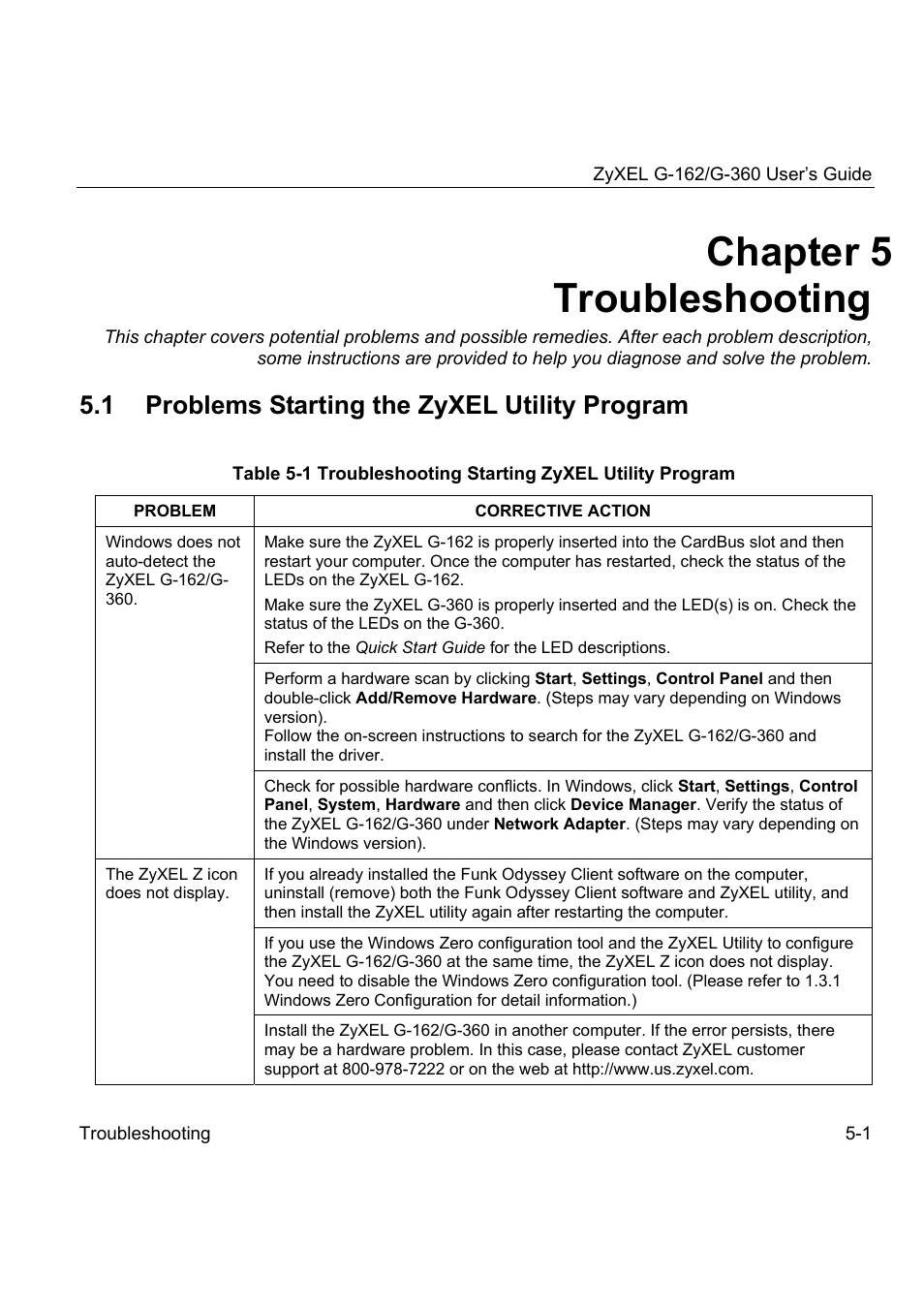 Chapter 5 troubleshooting, 1 problems starting the zyxel utility program | ZyXEL Communications G-360 User Manual | Page 67 / 72