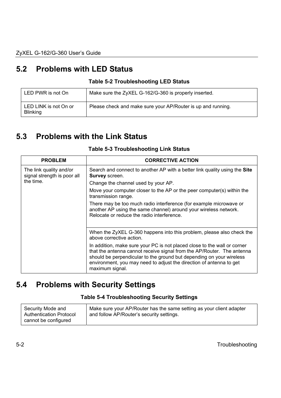 2 problems with led status, 3 problems with the link status, 4 problems with security settings | ZyXEL Communications G-360 User Manual | Page 68 / 72