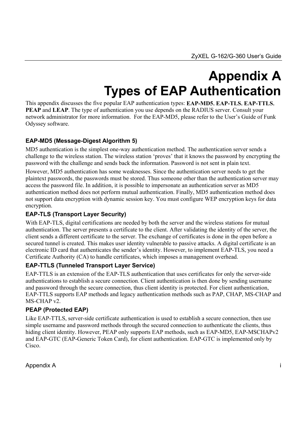 Appendix a types of eap authentication | ZyXEL Communications G-360 User Manual | Page 71 / 72
