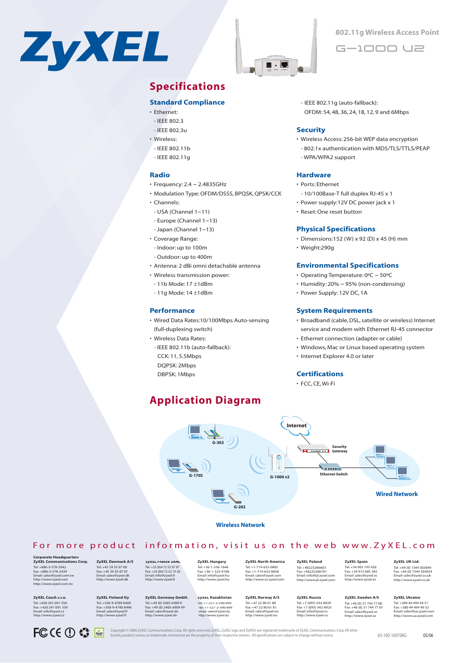 Specifications application diagram, Standard compliance, Radio | Performance, Security, Hardware, Physical specifications, Environmental specifications, System requirements, Certifications | ZyXEL Communications G-1000 U2 User Manual | Page 2 / 2