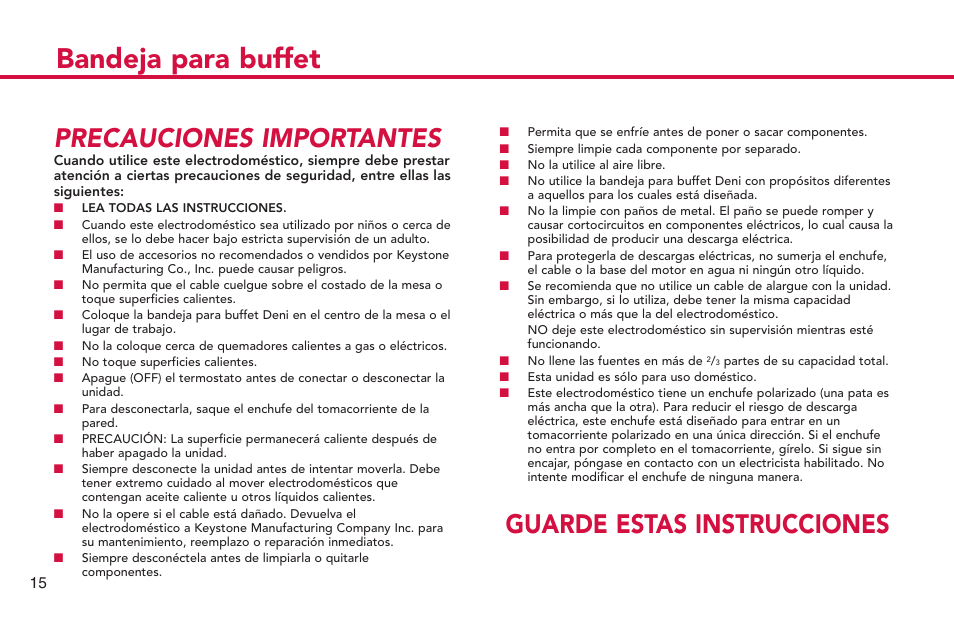 Bandeja para buffet, Precauciones importantes, Guarde estas instrucciones | ZyXEL Communications Buffet Server 15205 User Manual | Page 16 / 21