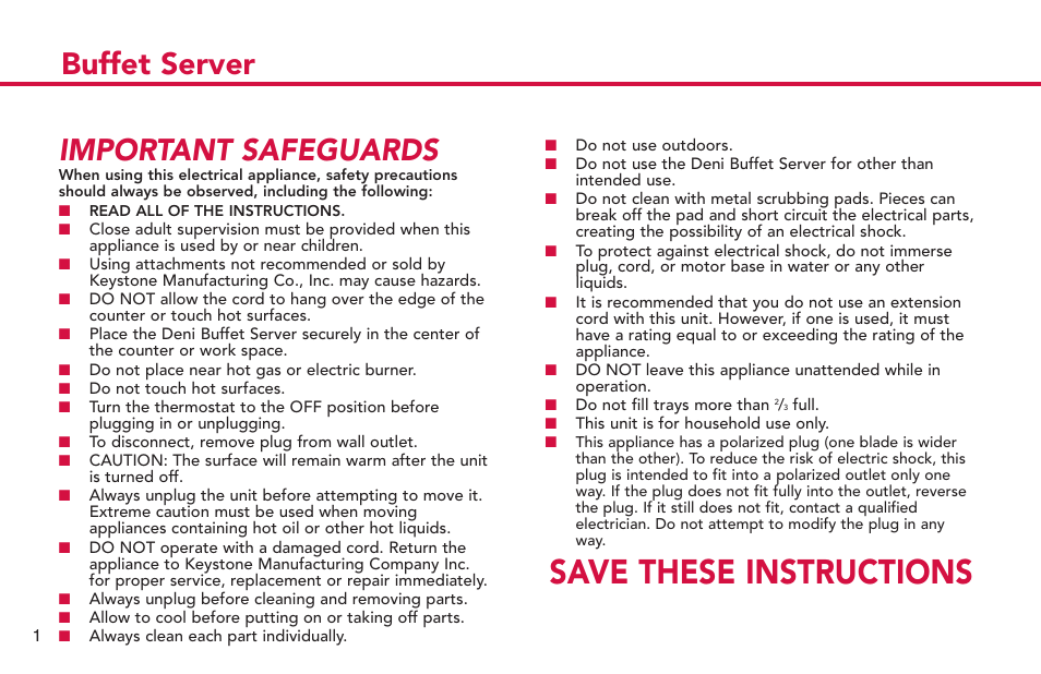 Save these instructions, Buffet server important safeguards | ZyXEL Communications Buffet Server 15205 User Manual | Page 2 / 21