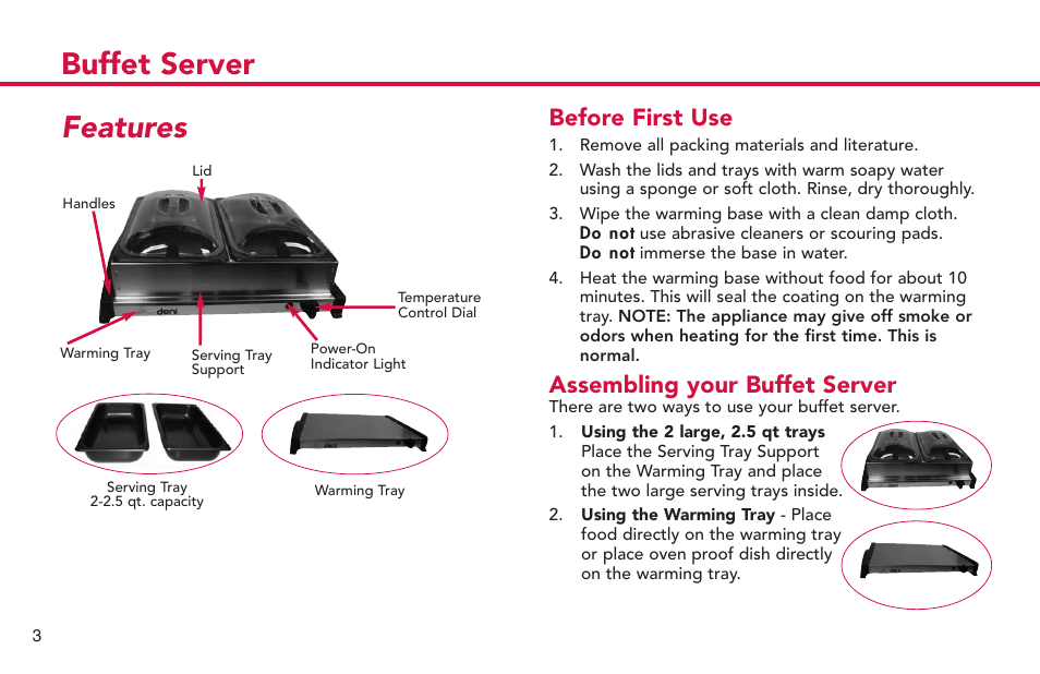 Buffet server, Features, Before first use | Assembling your buffet server | ZyXEL Communications Buffet Server 15205 User Manual | Page 4 / 21