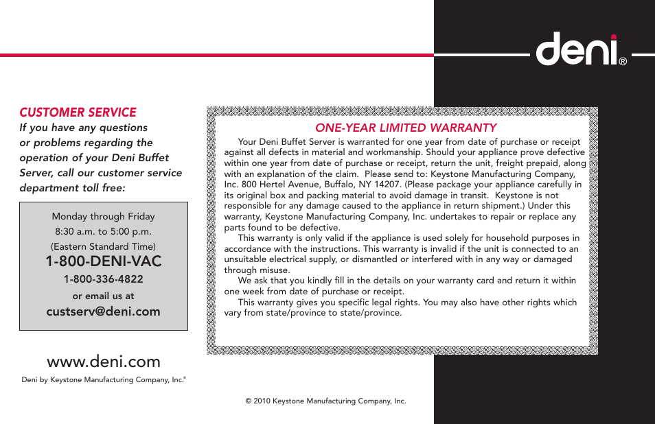 800-deni-vac, Customer service | ZyXEL Communications Buffet Server 15205 User Manual | Page 7 / 21