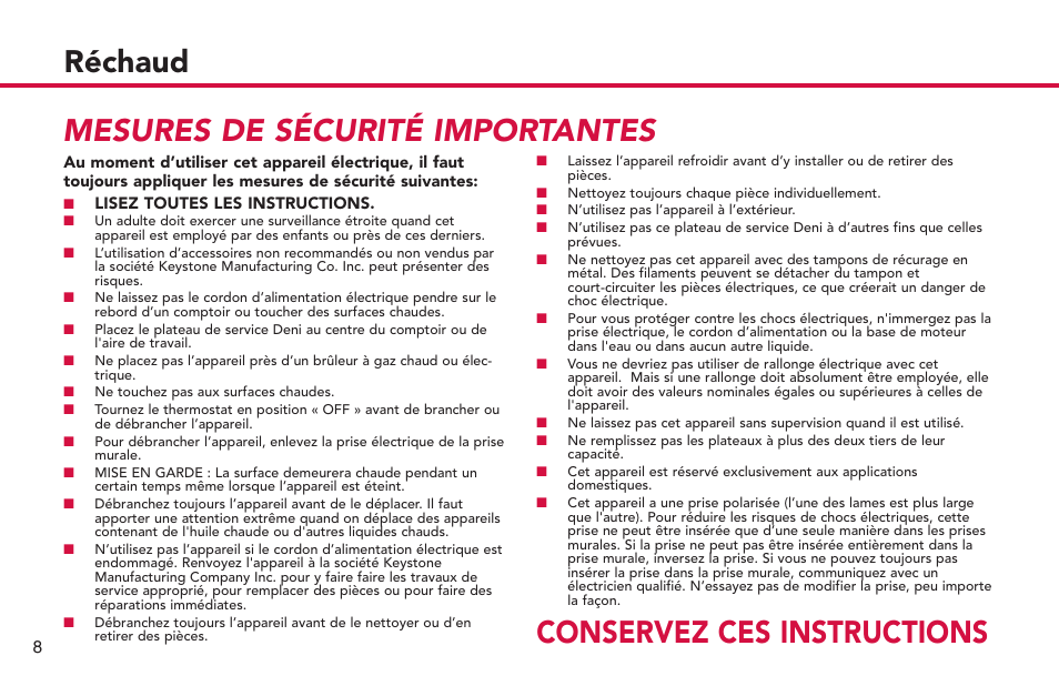 Réchaud, Conservez ces instructions, Mesures de sécurité importantes | ZyXEL Communications Buffet Server 15205 User Manual | Page 9 / 21