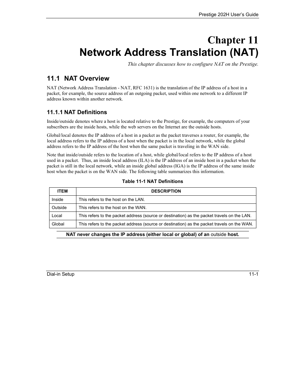 Network address translation (nat), Nat overview, Chapter 11 network address translation (nat) | 1 nat overview | ZyXEL Communications 202H User Manual | Page 107 / 309