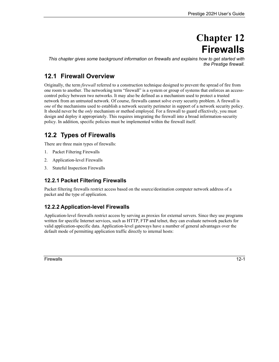 Firewalls, Firewall overview, Types of firewalls | Chapter 12 firewalls | ZyXEL Communications 202H User Manual | Page 131 / 309
