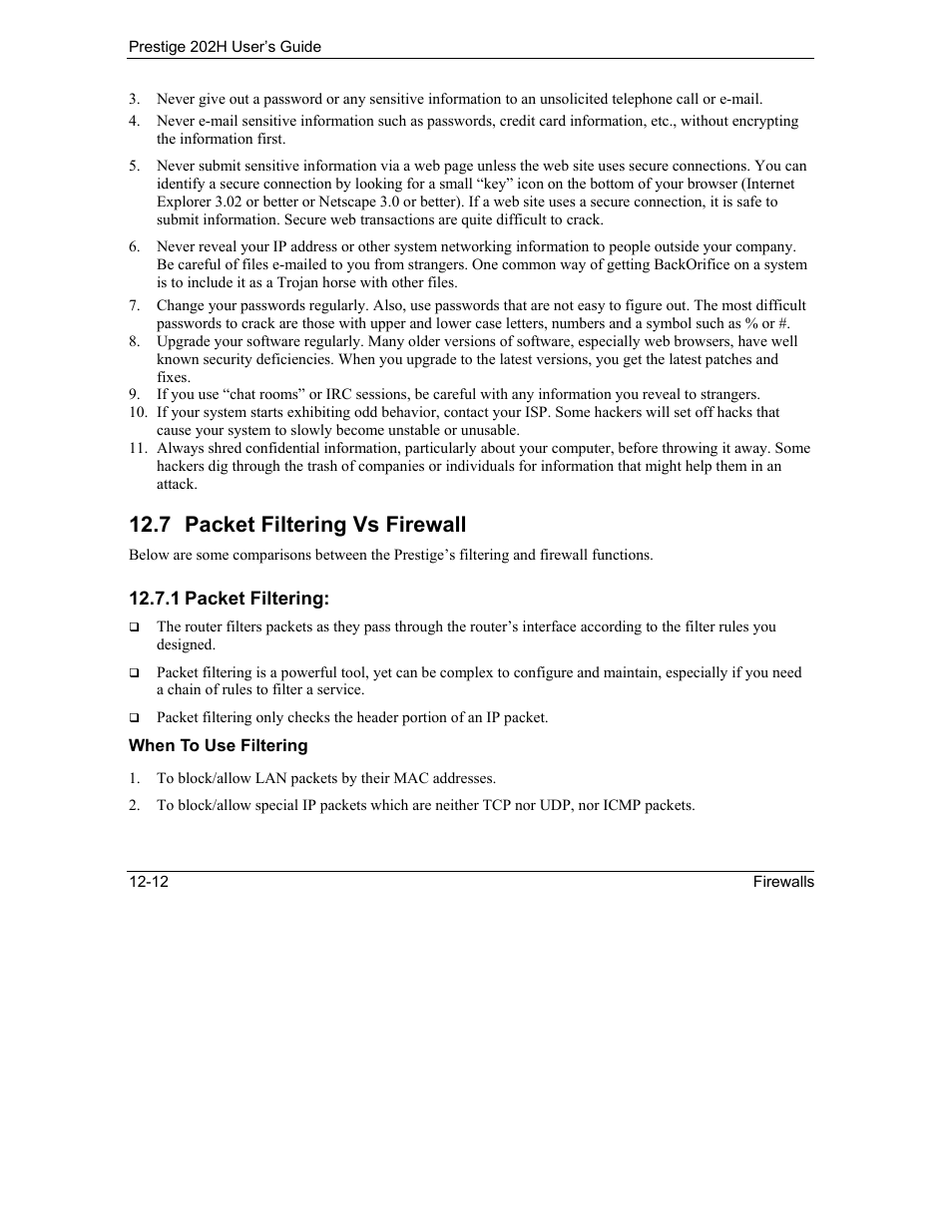 Packet filtering vs firewall, 7 packet filtering vs firewall | ZyXEL Communications 202H User Manual | Page 142 / 309