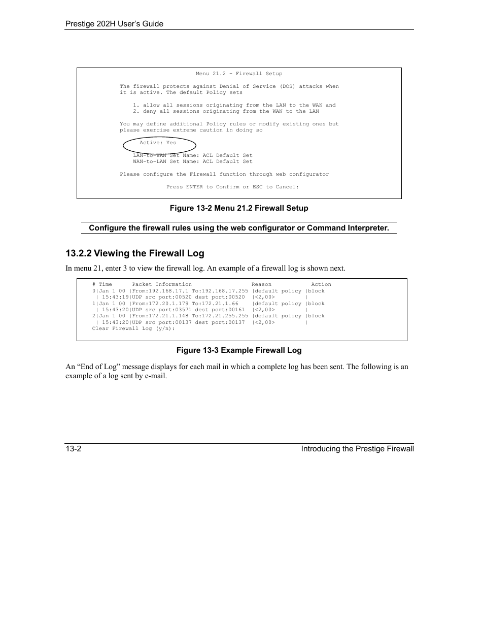 2 viewing the firewall log | ZyXEL Communications 202H User Manual | Page 146 / 309