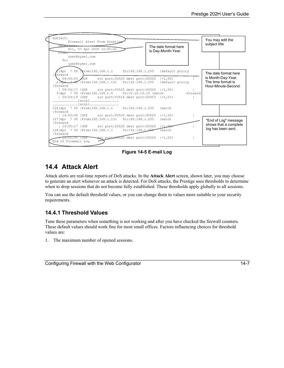 Attack alert, 4 attack alert, 1 threshold values | ZyXEL Communications 202H User Manual | Page 155 / 309