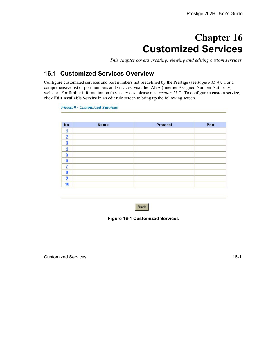 Customized services, Customized services overview, Chapter 16 customized services | ZyXEL Communications 202H User Manual | Page 175 / 309