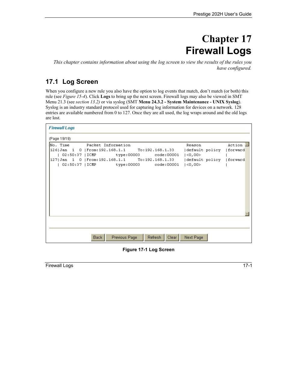 Firewall logs, Log screen, Chapter 17 firewall logs | ZyXEL Communications 202H User Manual | Page 181 / 309