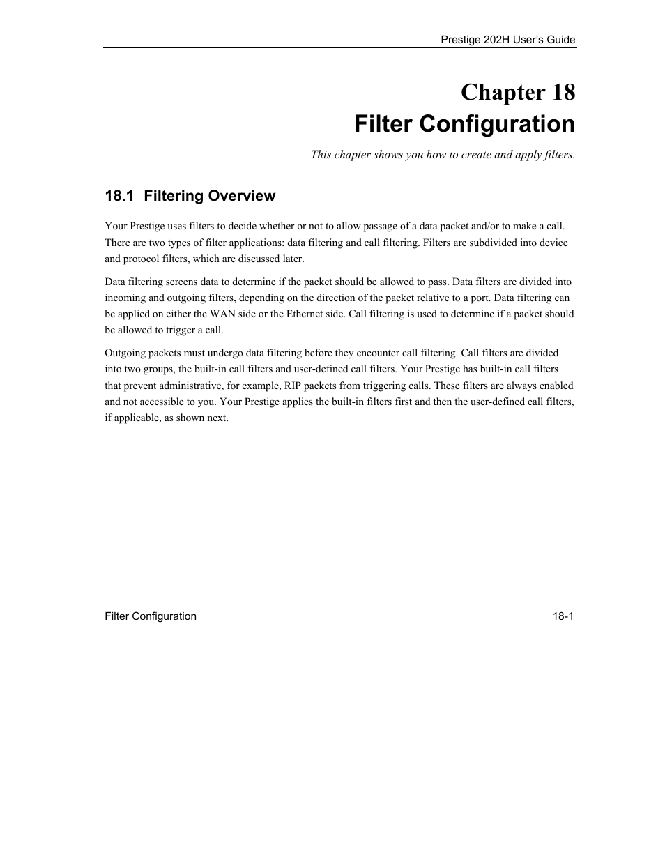 Filter configuration, Filtering overview, Chapter 18 filter configuration | ZyXEL Communications 202H User Manual | Page 185 / 309