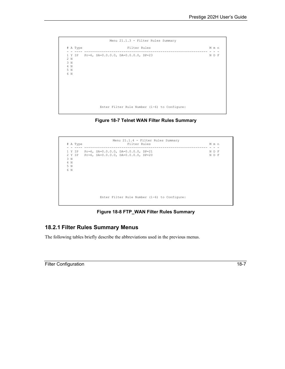 1 filter rules summary menus | ZyXEL Communications 202H User Manual | Page 191 / 309