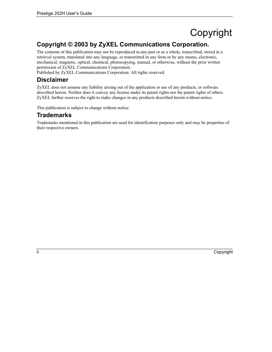 Copyright | ZyXEL Communications 202H User Manual | Page 2 / 309