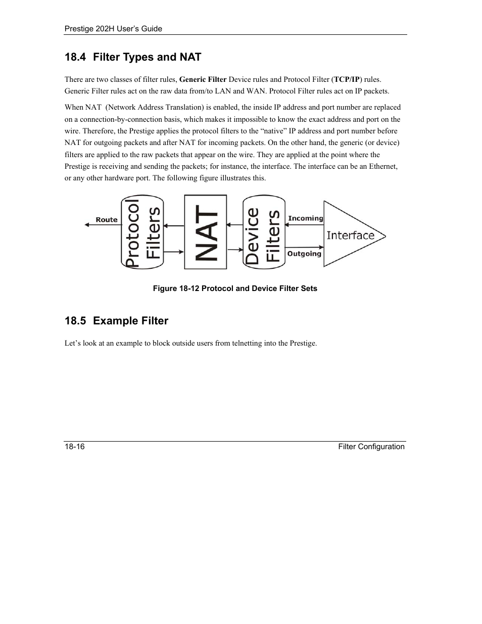 Filter types and nat, Example filter, 4 filter types and nat | 5 example filter | ZyXEL Communications 202H User Manual | Page 200 / 309