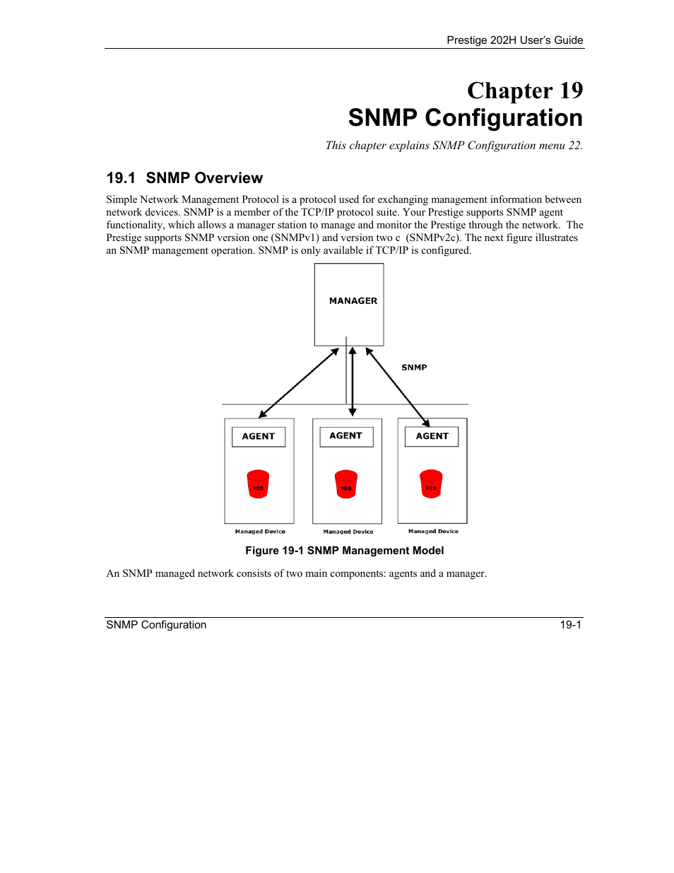Snmp configuration, Snmp overview, Chapter 19 snmp configuration | ZyXEL Communications 202H User Manual | Page 207 / 309