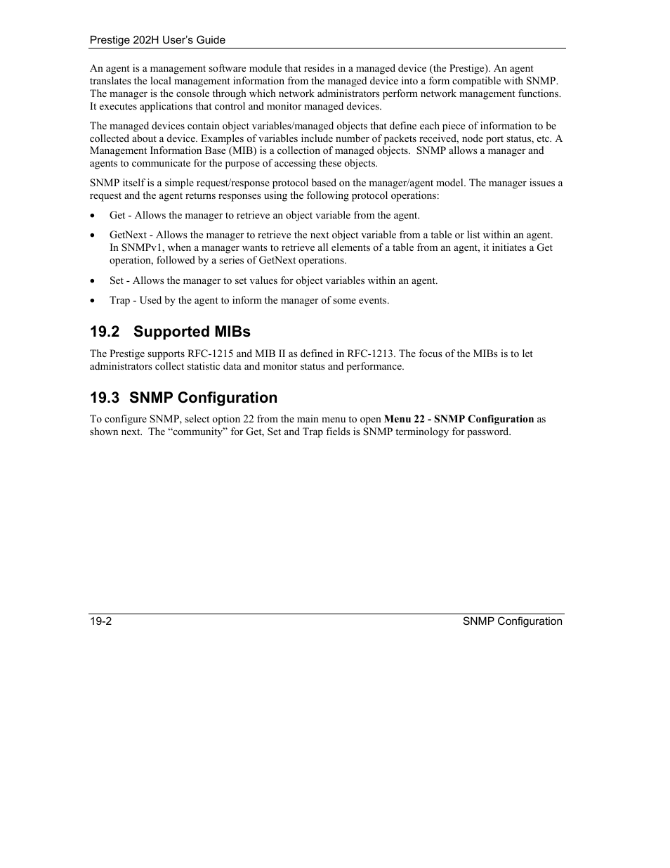 Supported mibs, Snmp configuration, 2 supported mibs | 3 snmp configuration | ZyXEL Communications 202H User Manual | Page 208 / 309