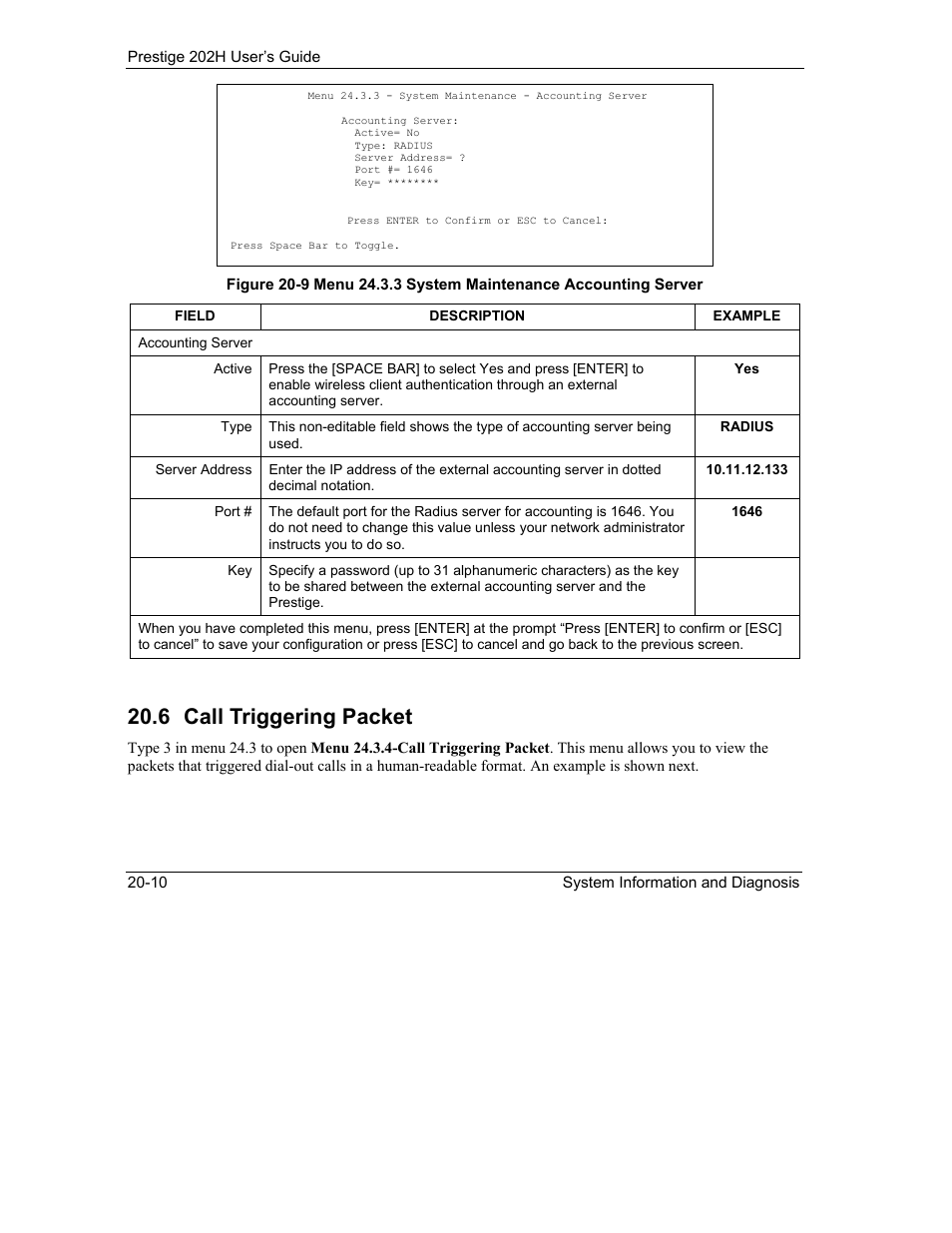 Call triggering packet, 6 call triggering packet | ZyXEL Communications 202H User Manual | Page 220 / 309