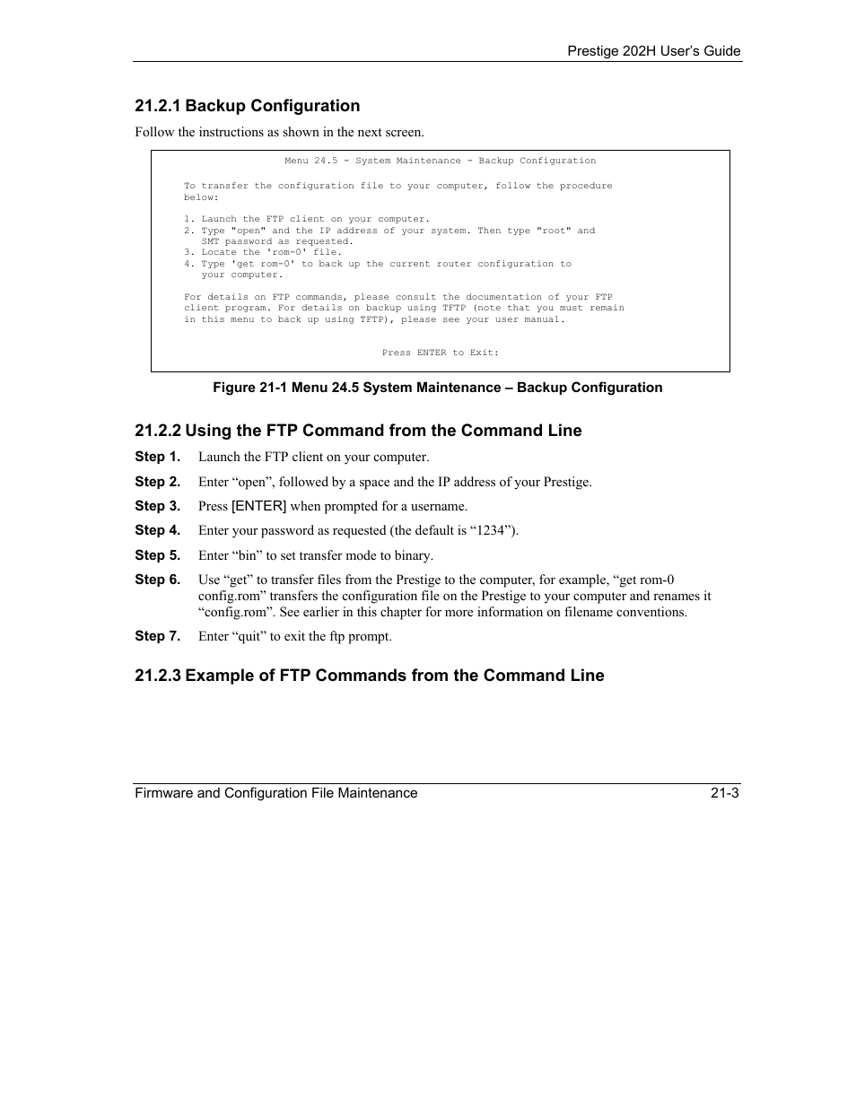 1 backup configuration, 2 using the ftp command from the command line, 3 example of ftp commands from the command line | ZyXEL Communications 202H User Manual | Page 227 / 309