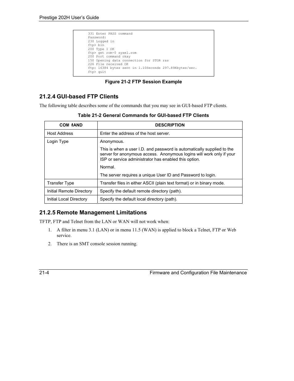 4 gui-based ftp clients, 5 remote management limitations | ZyXEL Communications 202H User Manual | Page 228 / 309
