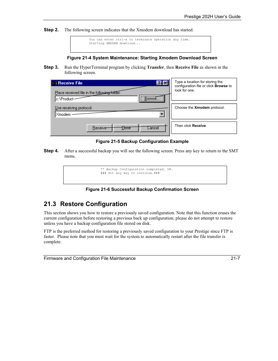 Restore configuration, 3 restore configuration | ZyXEL Communications 202H User Manual | Page 231 / 309