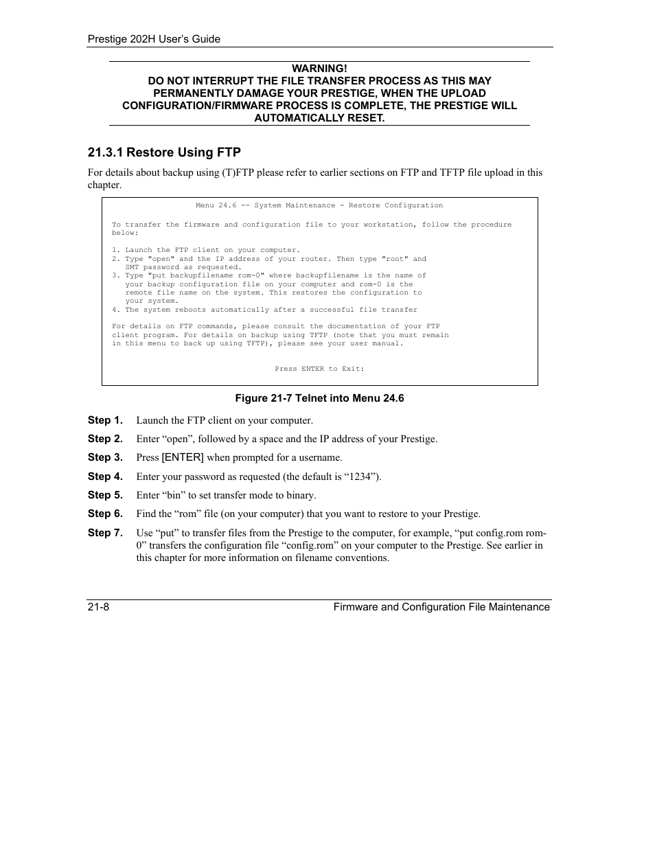 1 restore using ftp | ZyXEL Communications 202H User Manual | Page 232 / 309