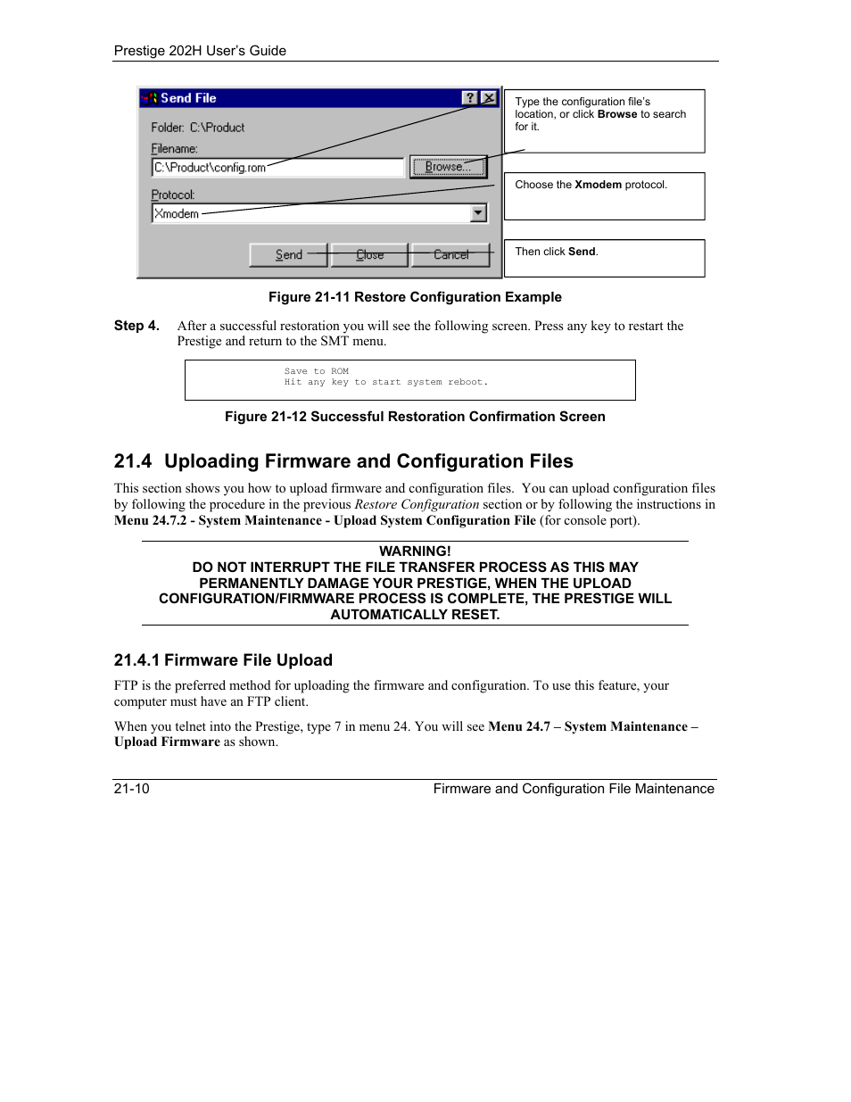Uploading firmware and configuration files, 4 uploading firmware and configuration files, 1 firmware file upload | ZyXEL Communications 202H User Manual | Page 234 / 309